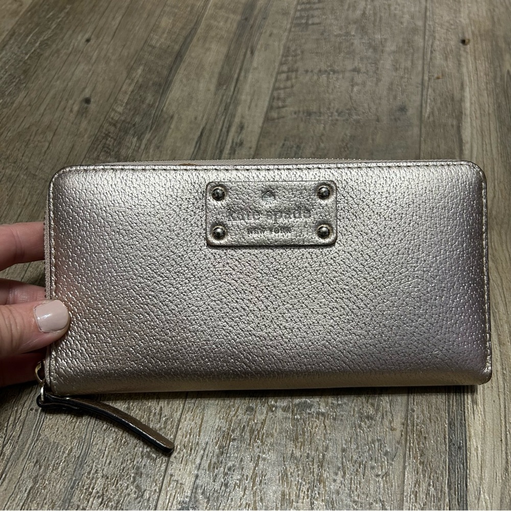 kate spade metallic rose gold zip-around wallet